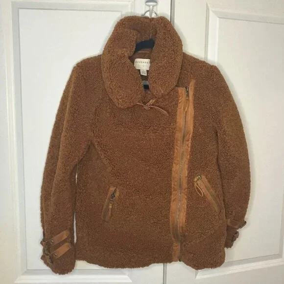Anthropologie Marrakech Fuzzy Teddy Tan Brown Aviator Moto Style Jacket XS - Picture 2 of 9